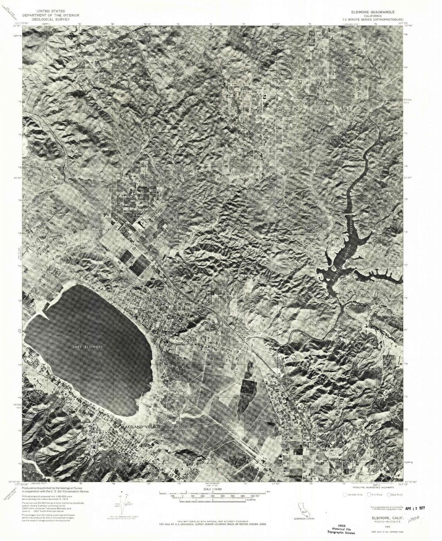 Classic USGS Lake Elsinore California 7.5'x7.5' Topo Map Image