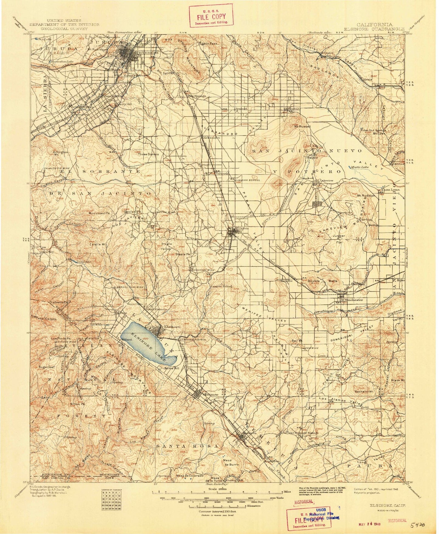 Historic 1901 Elsinore California 30'x30' Topo Map Image