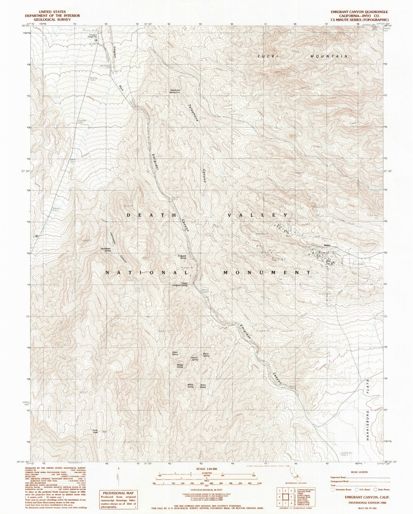 Classic USGS Emigrant Canyon California 7.5'x7.5' Topo Map Image