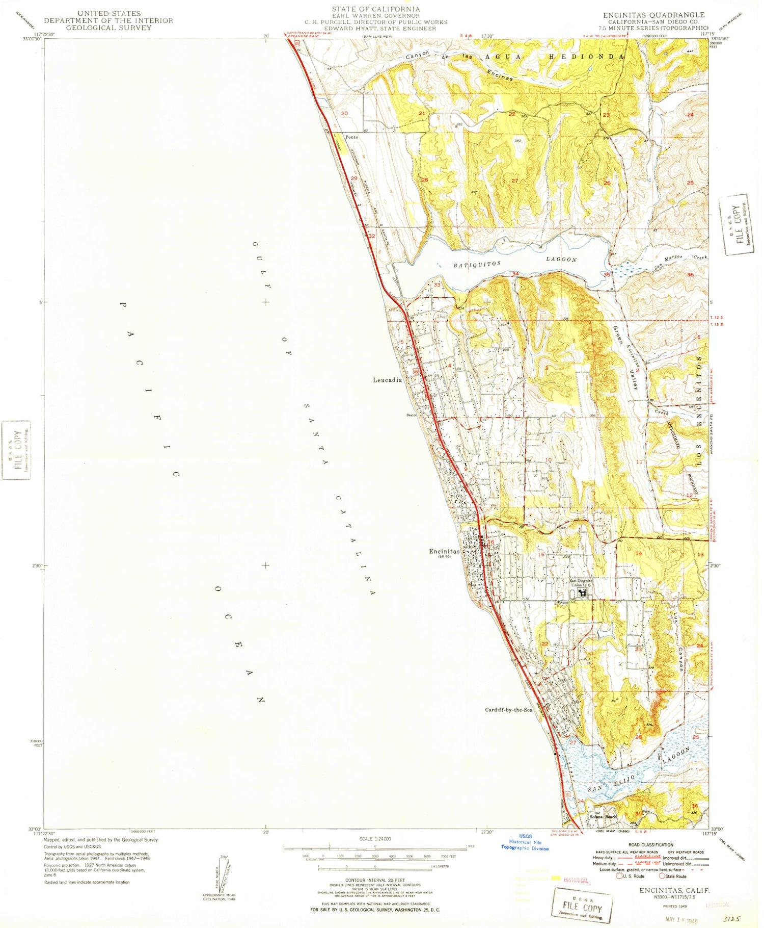 Classic USGS Encinitas California 7.5'x7.5' Topo Map Image