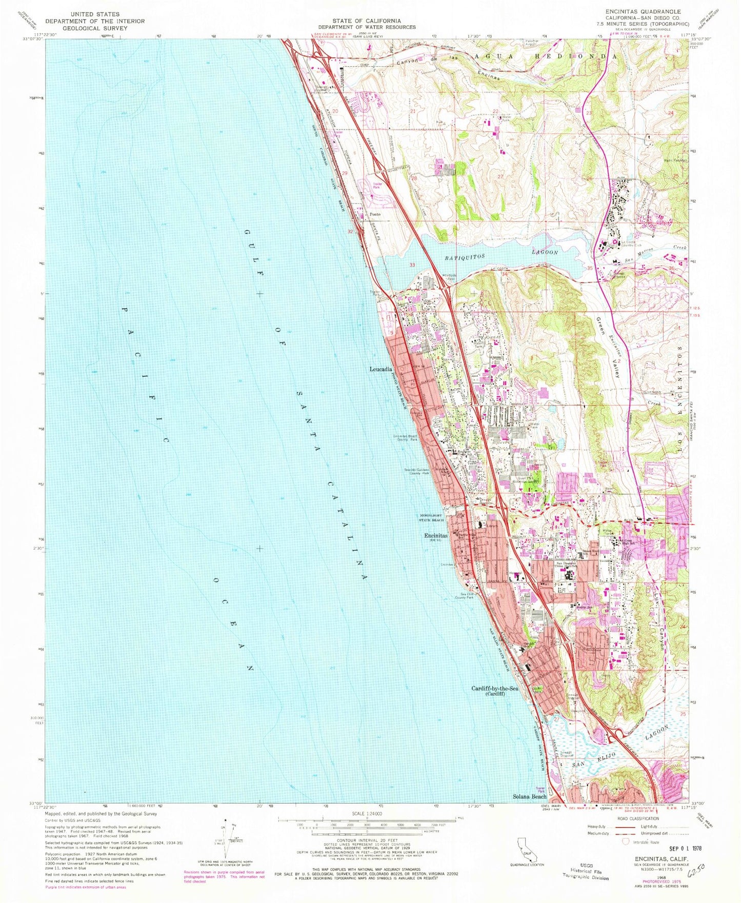Classic USGS Encinitas California 7.5'x7.5' Topo Map Image