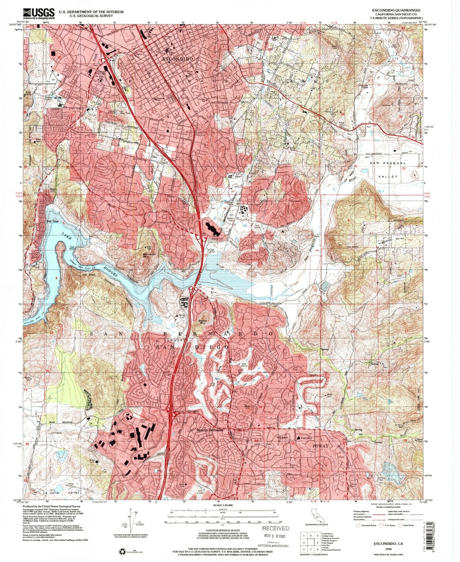 Classic USGS Escondido California 7.5'x7.5' Topo Map Image