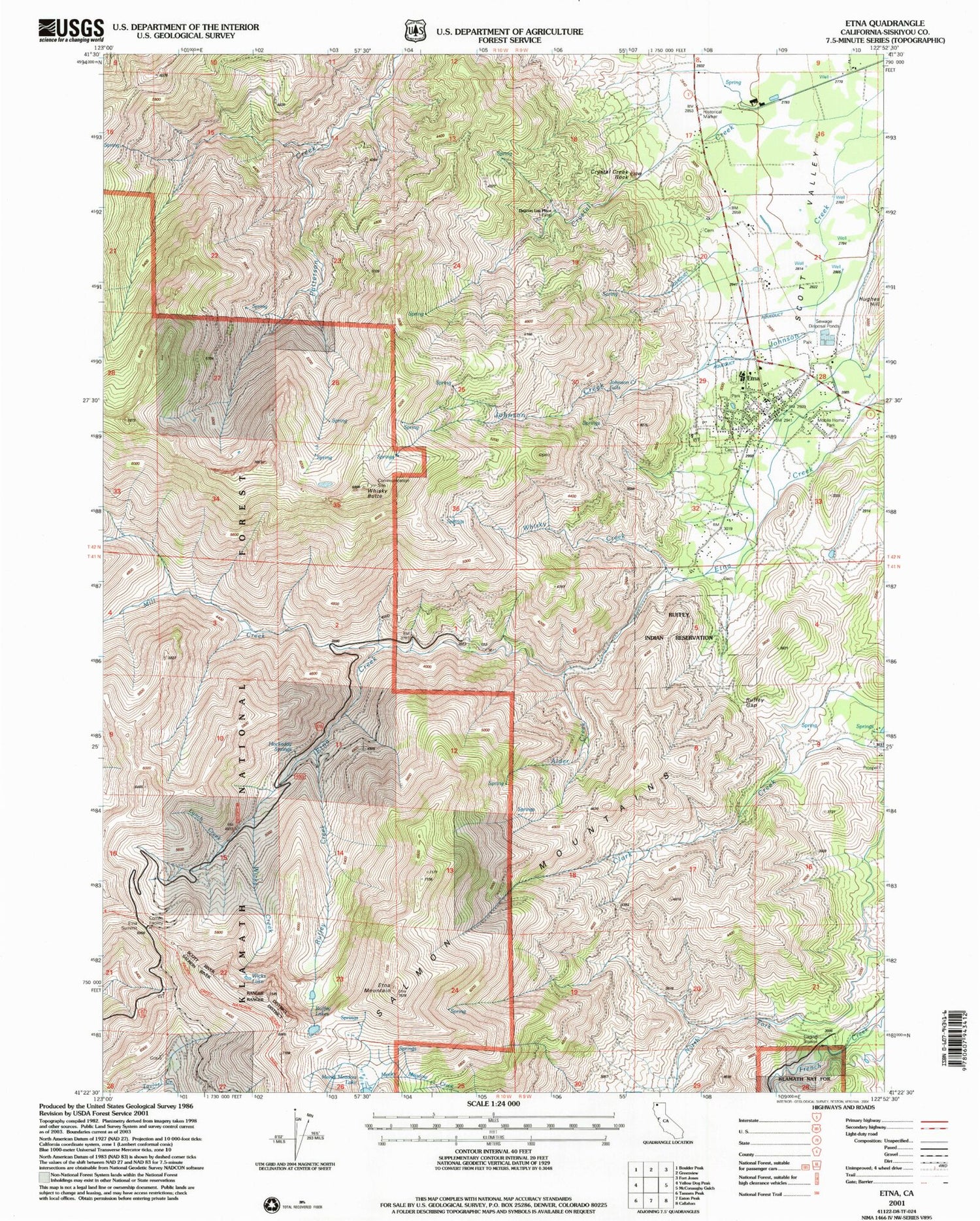 Classic USGS Etna California 7.5'x7.5' Topo Map Image