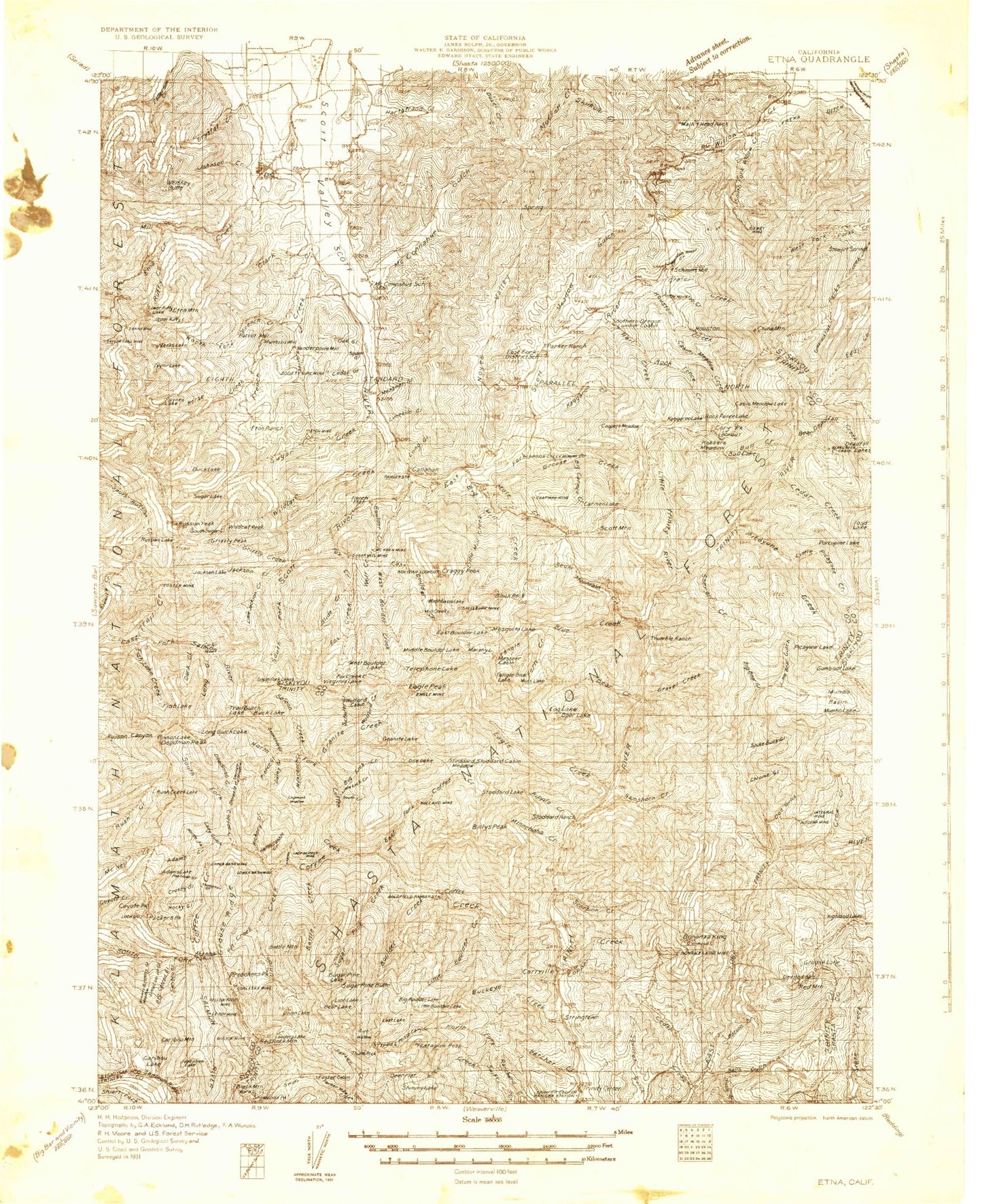 Historic 1931 Sawyers Bar California 30'x30' Topo Map Image