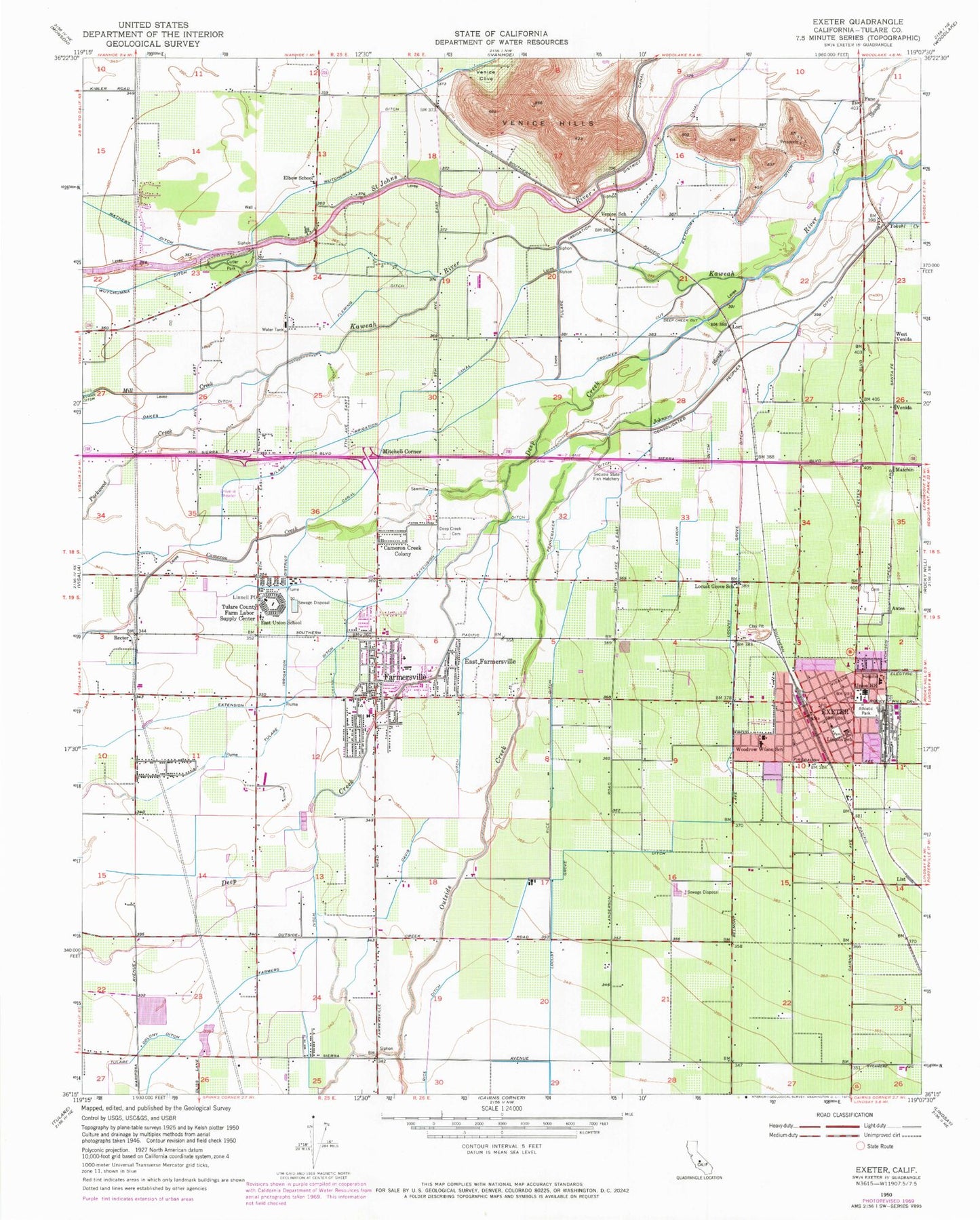 Classic USGS Exeter California 7.5'x7.5' Topo Map Image