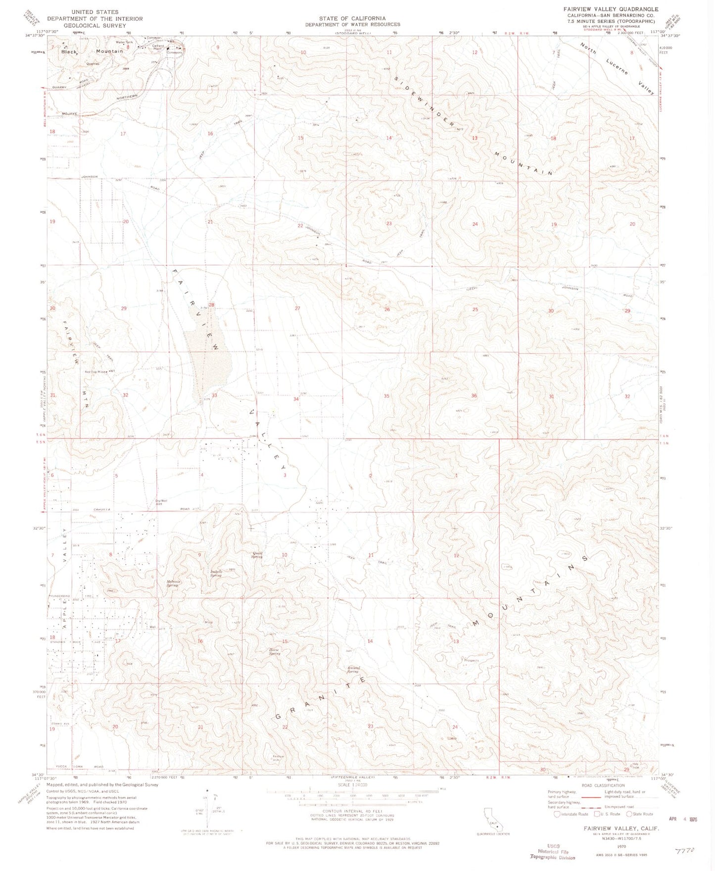 Classic USGS Fairview Valley California 7.5'x7.5' Topo Map Image