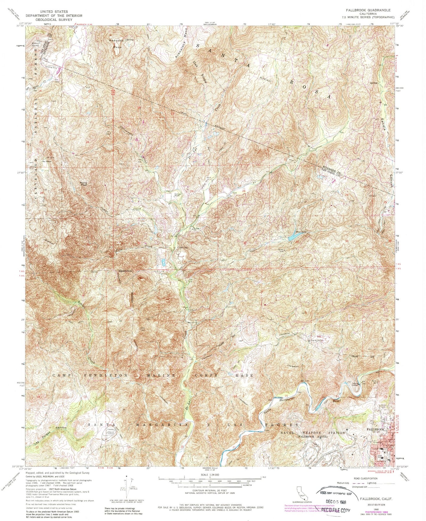 Classic USGS Fallbrook California 7.5'x7.5' Topo Map Image
