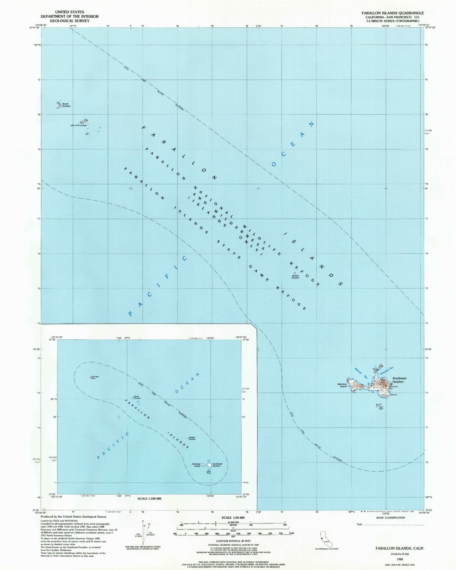 Classic USGS Farallon Islands California 7.5'x7.5' Topo Map Image