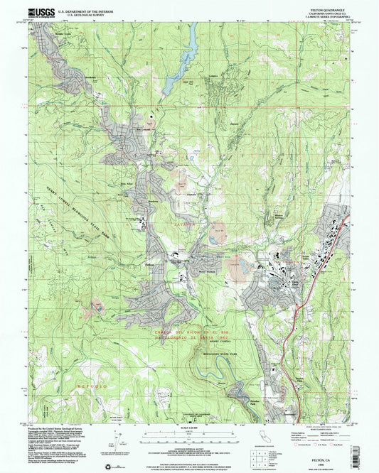 Classic USGS Felton California 7.5'x7.5' Topo Map Image