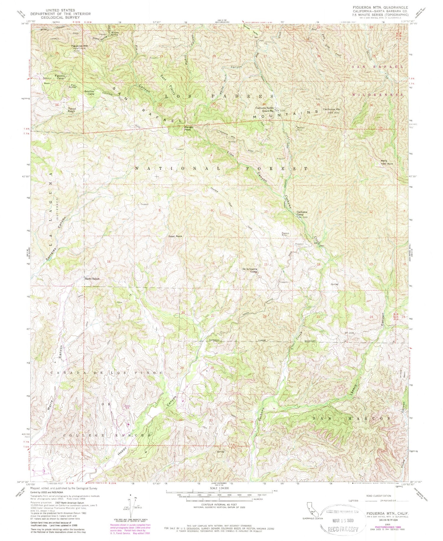 Classic USGS Figueroa Mountain California 7.5'x7.5' Topo Map Image