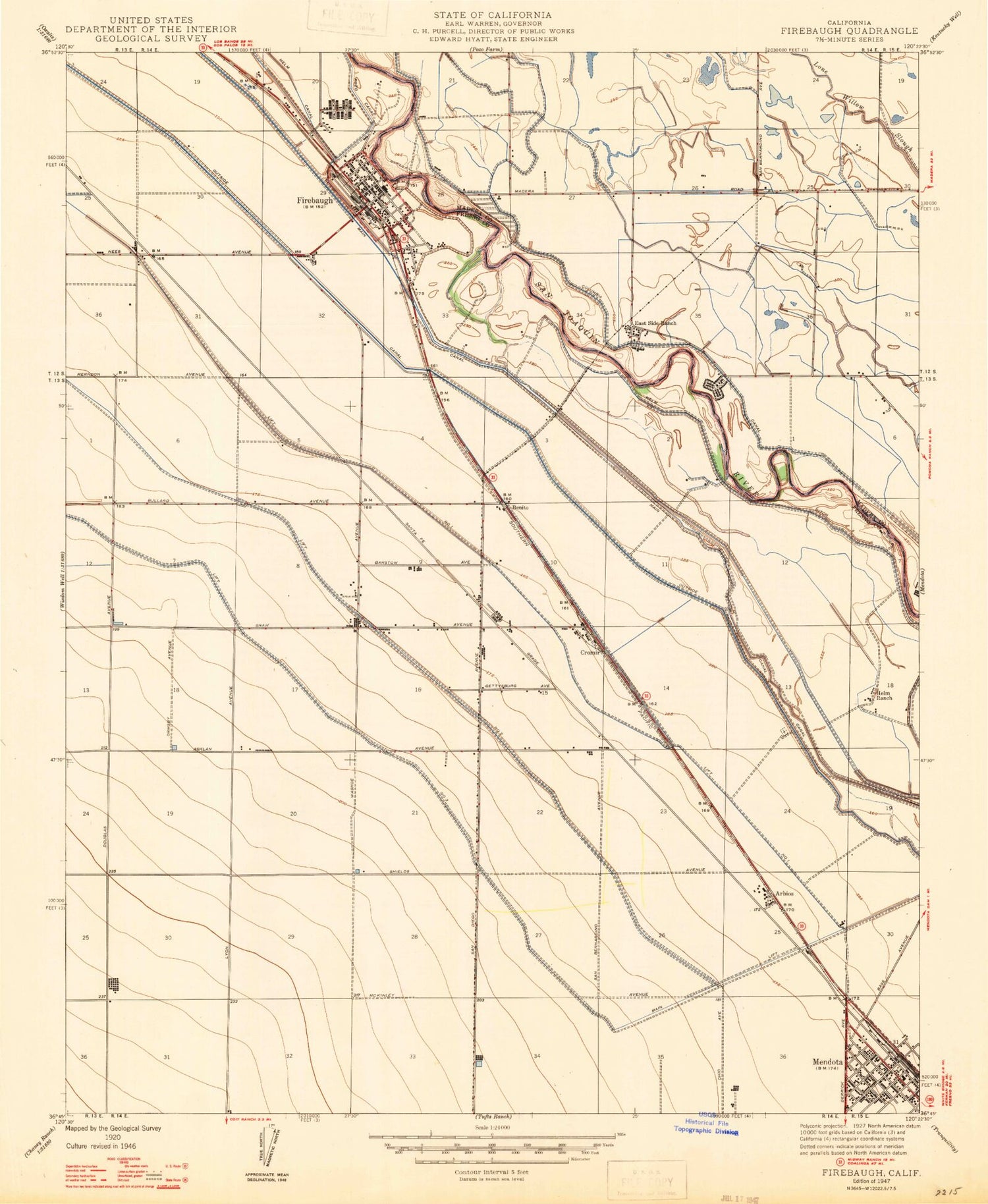 Classic USGS Firebaugh California 7.5'x7.5' Topo Map Image
