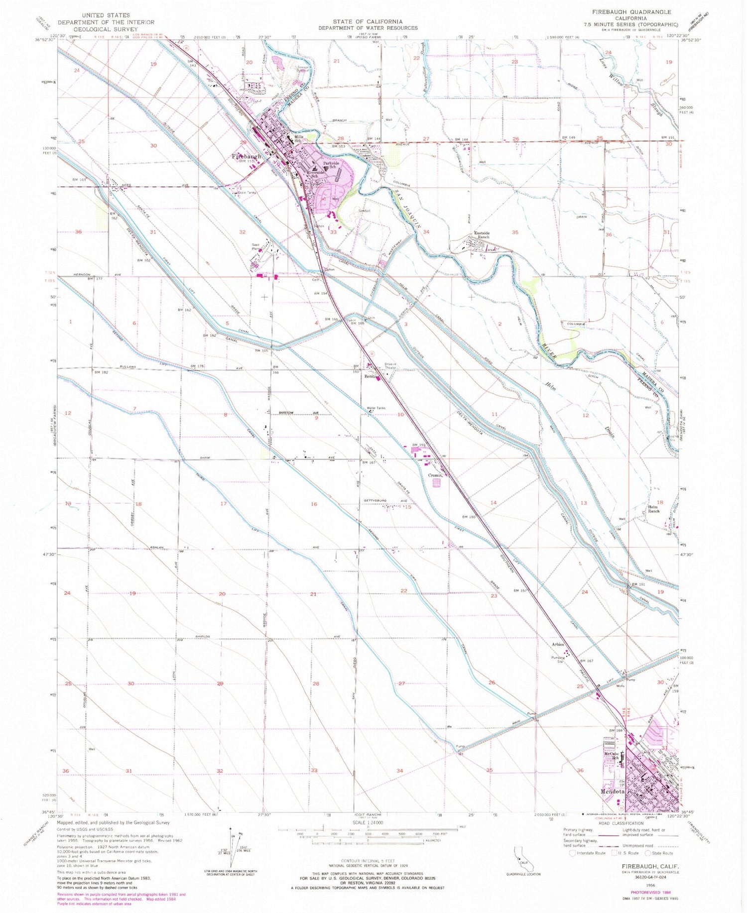 Classic USGS Firebaugh California 7.5'x7.5' Topo Map Image