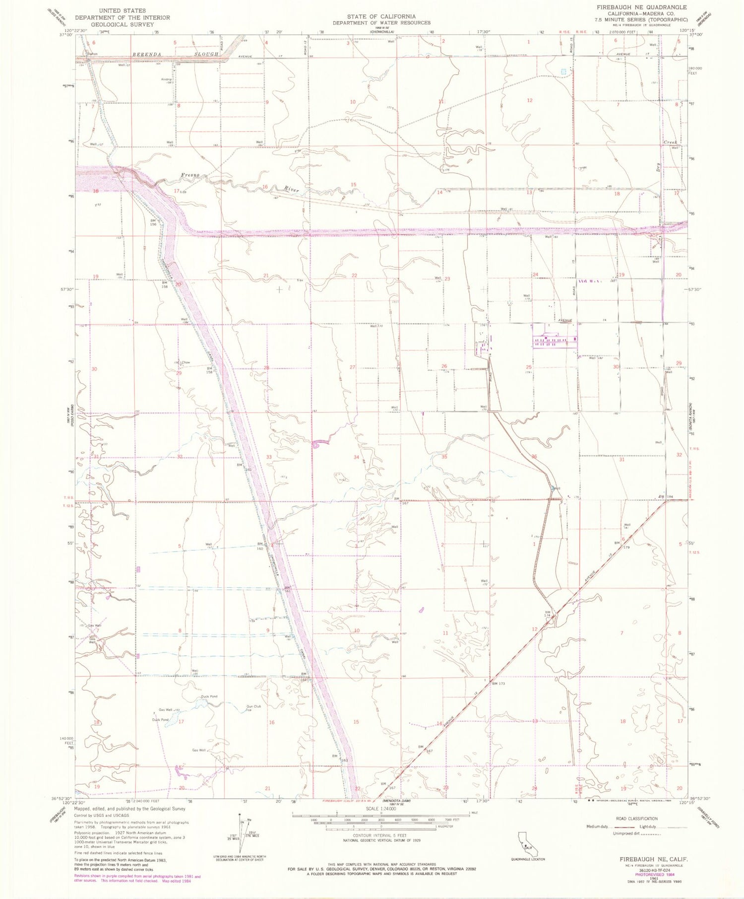 Classic USGS Firebaugh NE California 7.5'x7.5' Topo Map Image