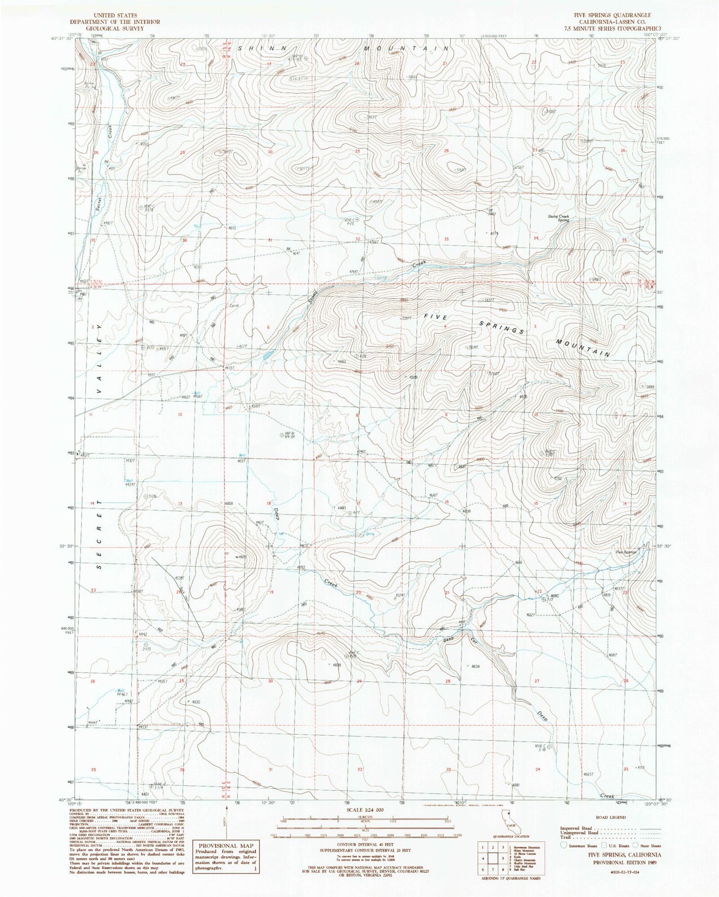 Classic USGS Five Springs California 7.5'x7.5' Topo Map Image