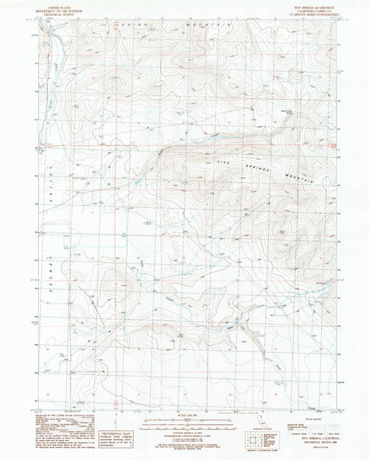 Classic USGS Five Springs California 7.5'x7.5' Topo Map Image