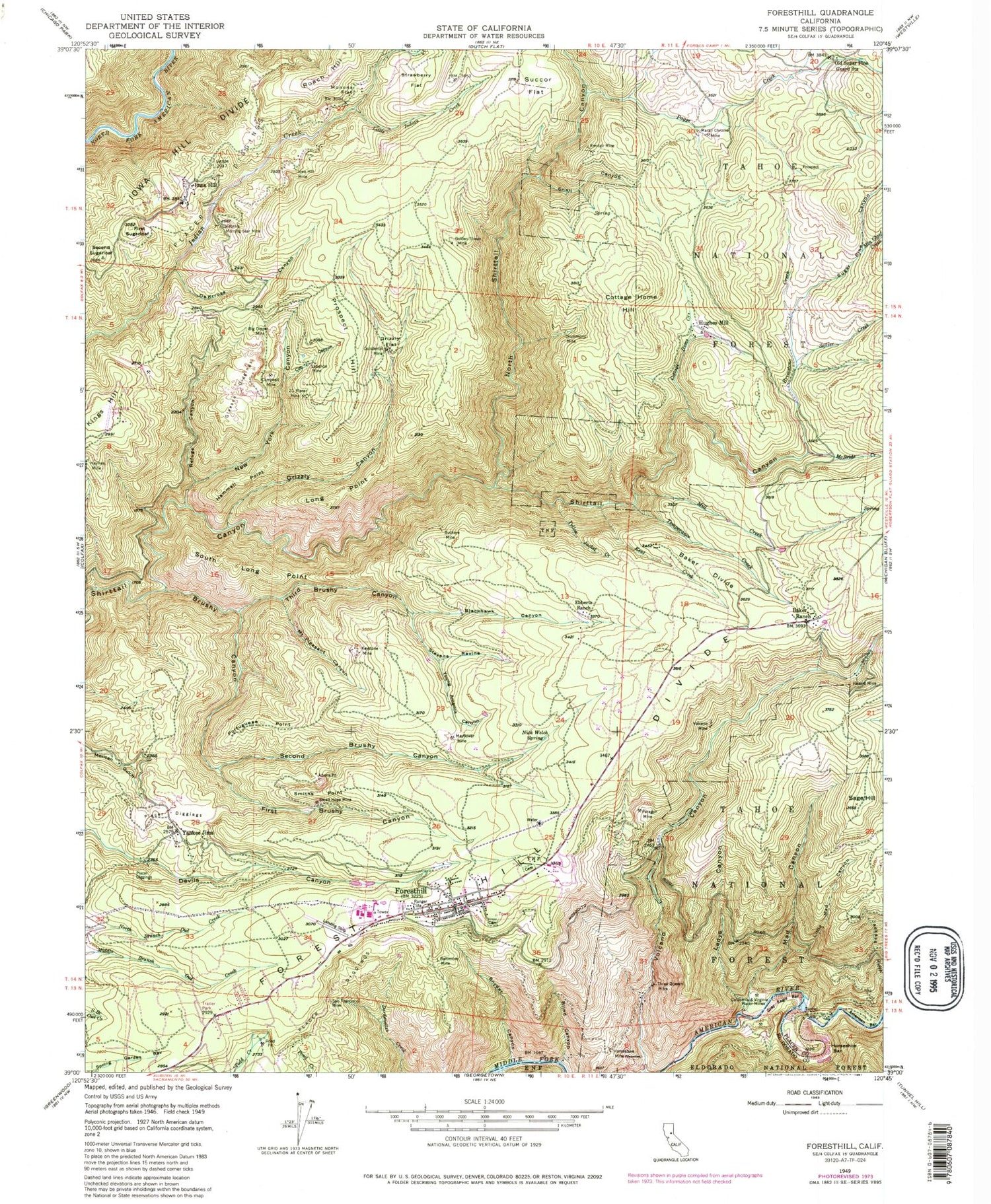 Classic USGS Foresthill California 7.5'x7.5' Topo Map Image