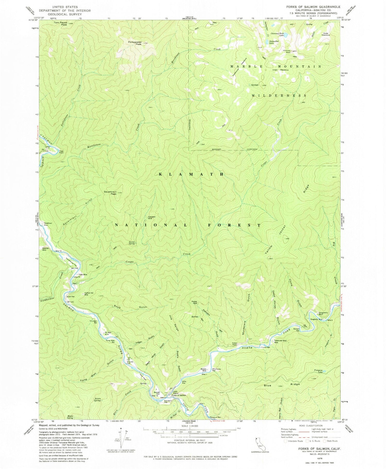 Classic USGS Forks of Salmon California 7.5'x7.5' Topo Map Image