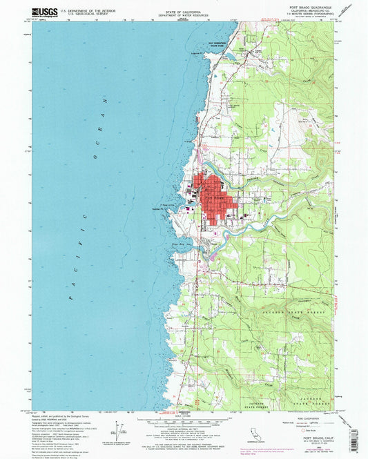 Classic USGS Fort Bragg California 7.5'x7.5' Topo Map Image