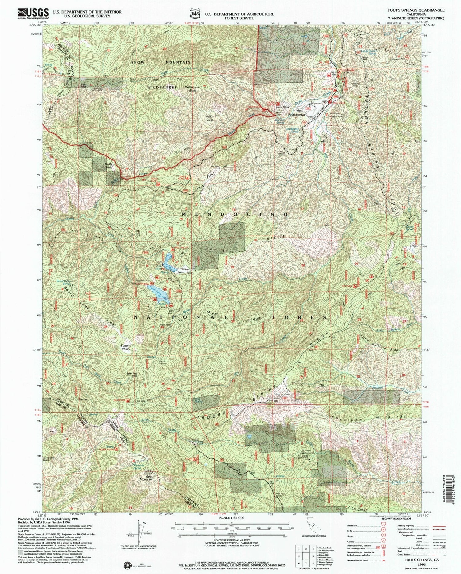 Classic USGS Fouts Springs California 7.5'x7.5' Topo Map Image