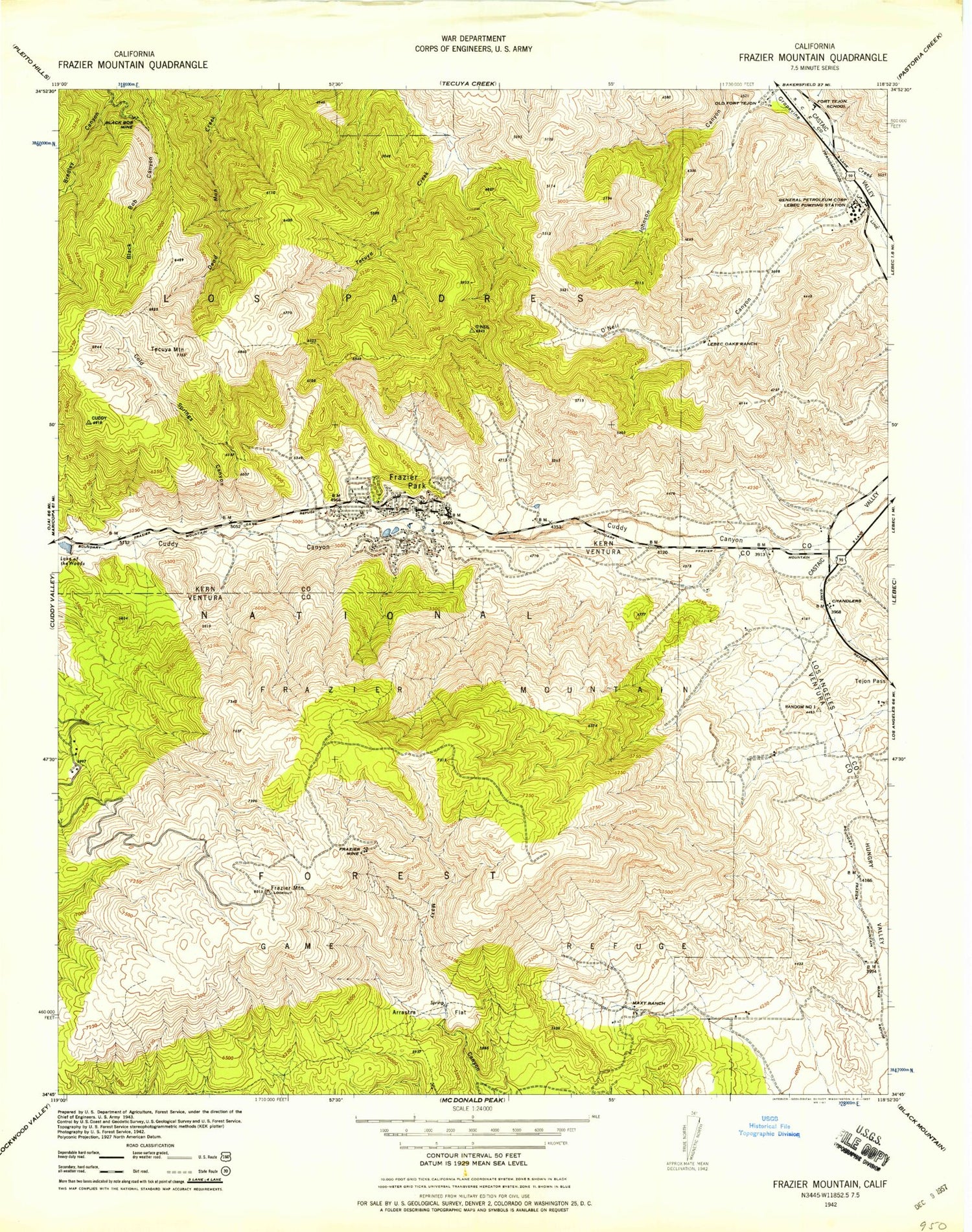 Classic USGS Frazier Mountain California 7.5'x7.5' Topo Map Image