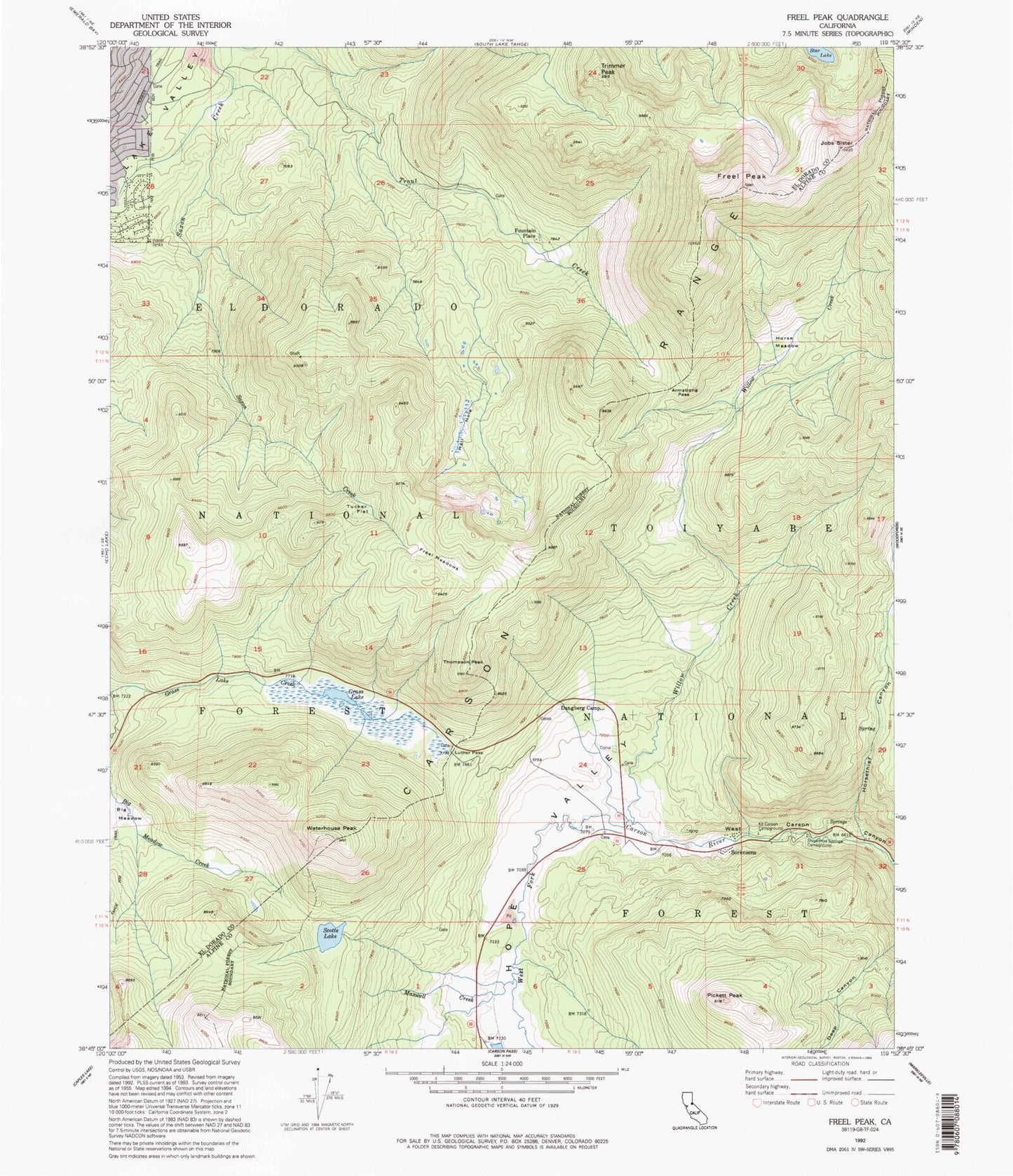 Classic USGS Freel Peak California 7.5'x7.5' Topo Map Image