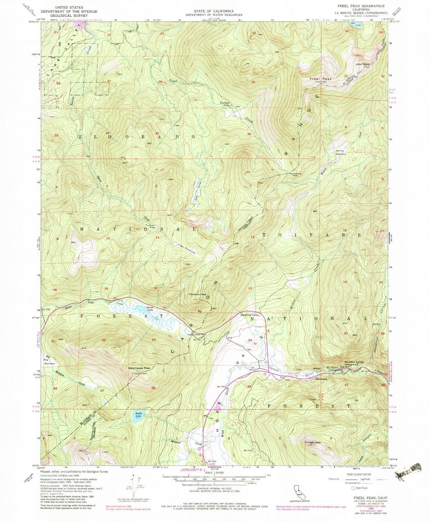 Classic USGS Freel Peak California 7.5'x7.5' Topo Map Image