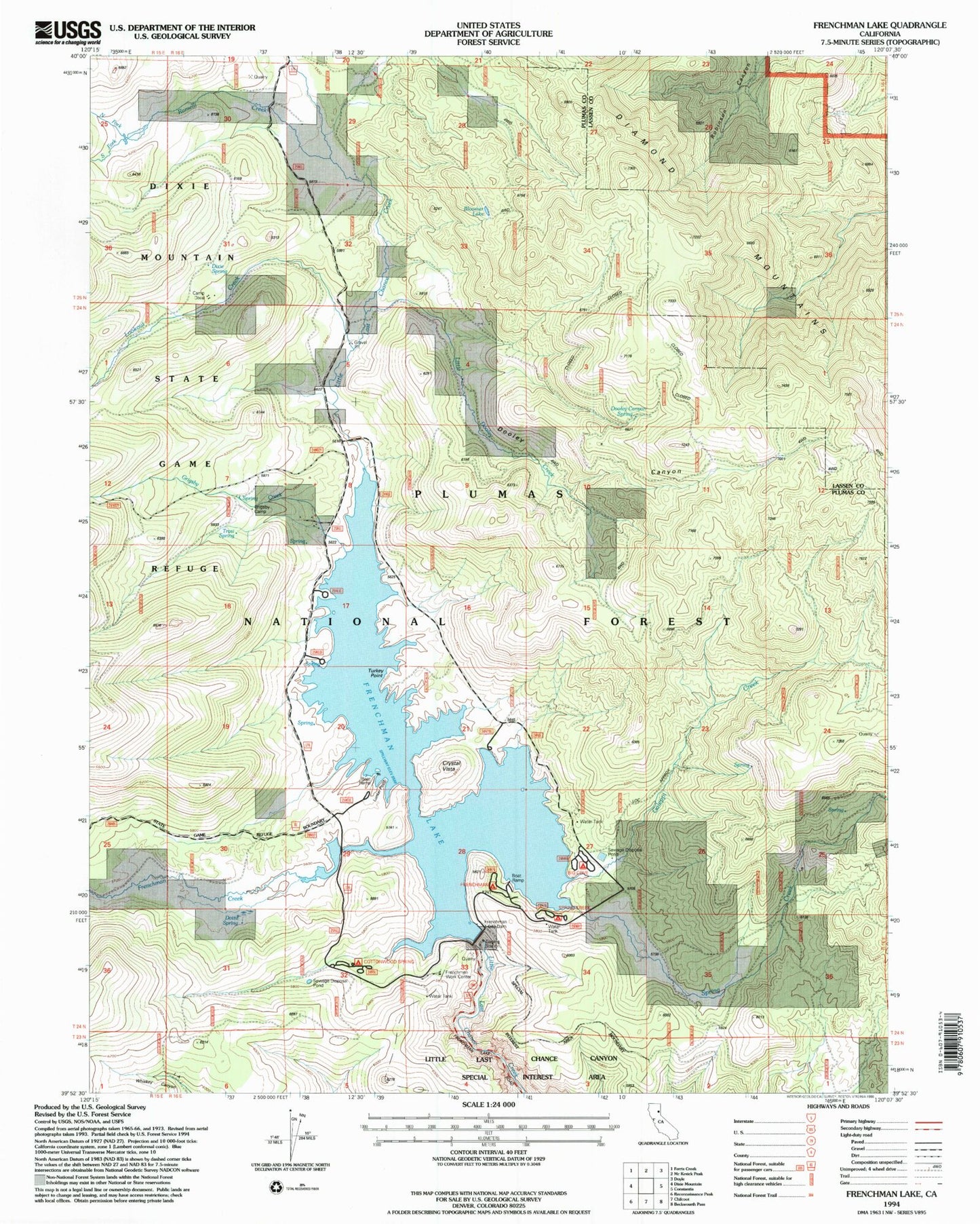 Classic USGS Frenchman Lake California 7.5'x7.5' Topo Map Image