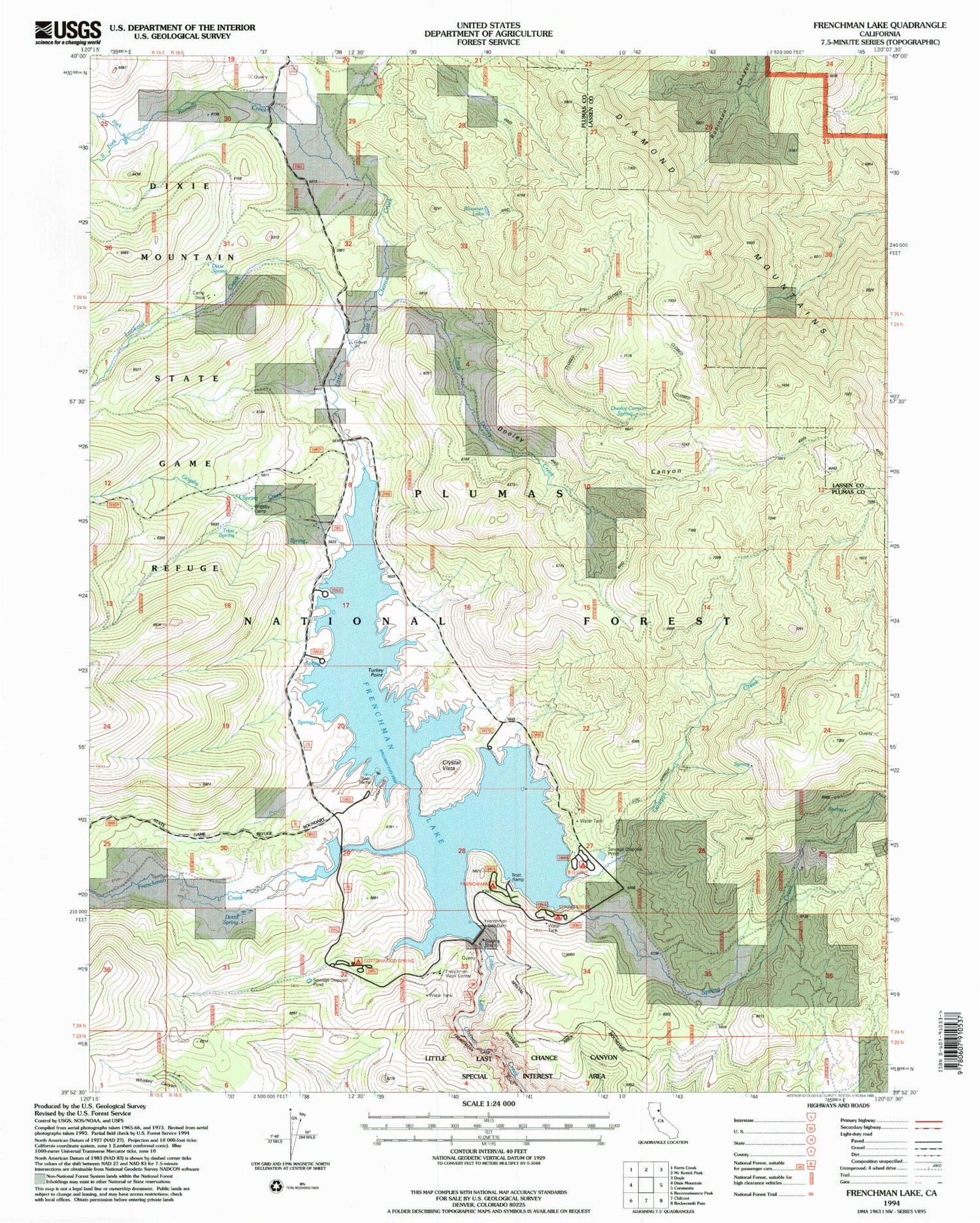 Classic USGS Frenchman Lake California 7.5'x7.5' Topo Map Image