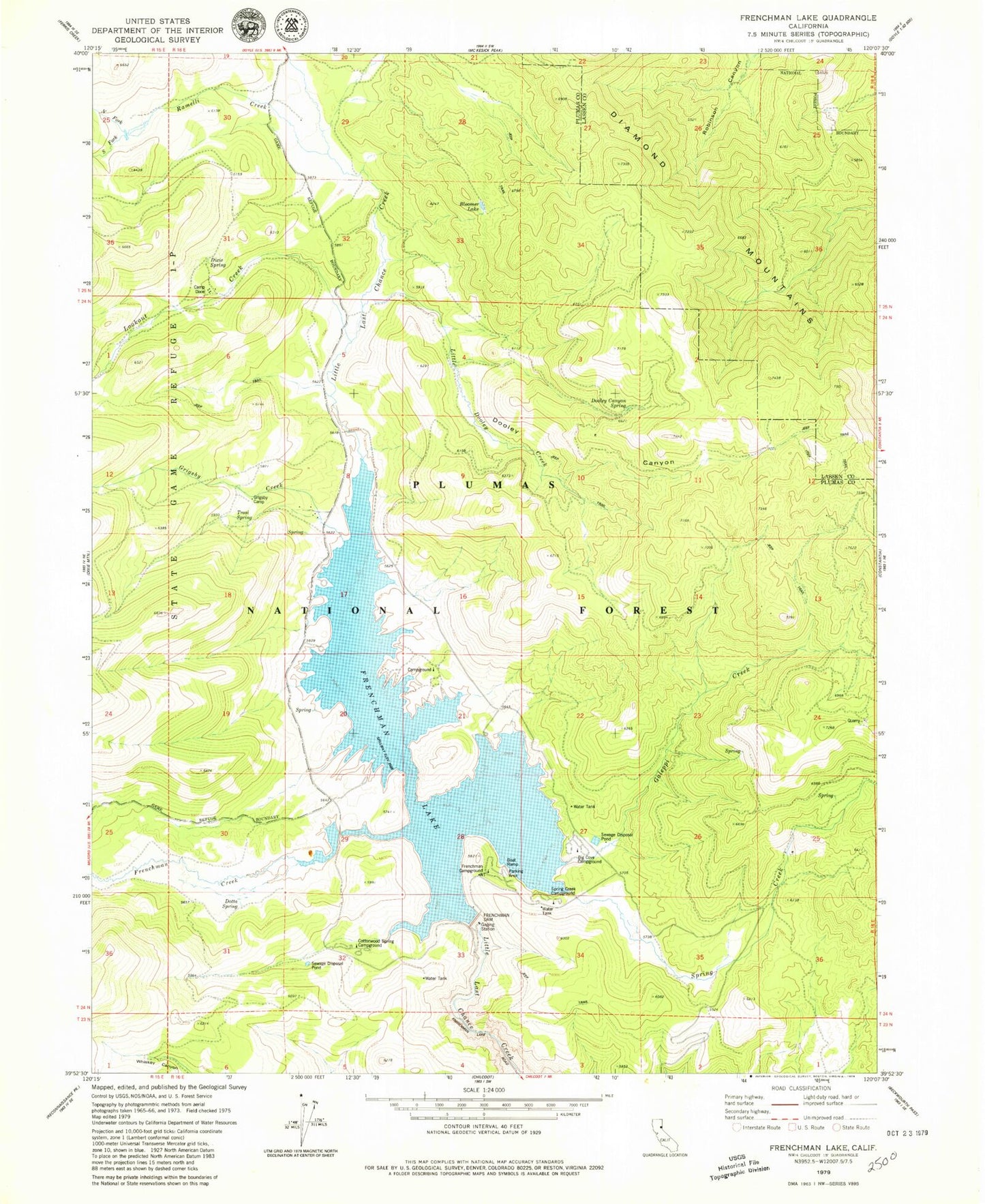 Classic USGS Frenchman Lake California 7.5'x7.5' Topo Map Image