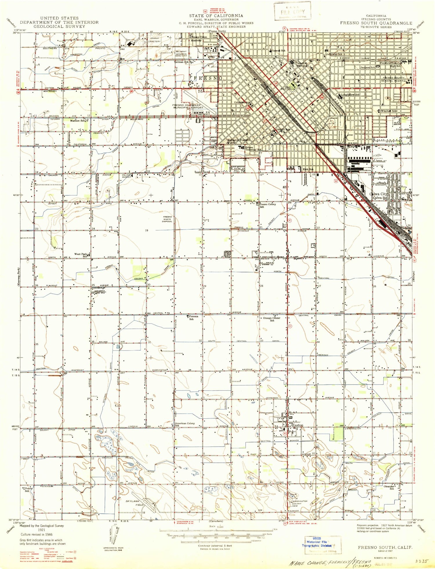Classic USGS Fresno South California 7.5'x7.5' Topo Map Image