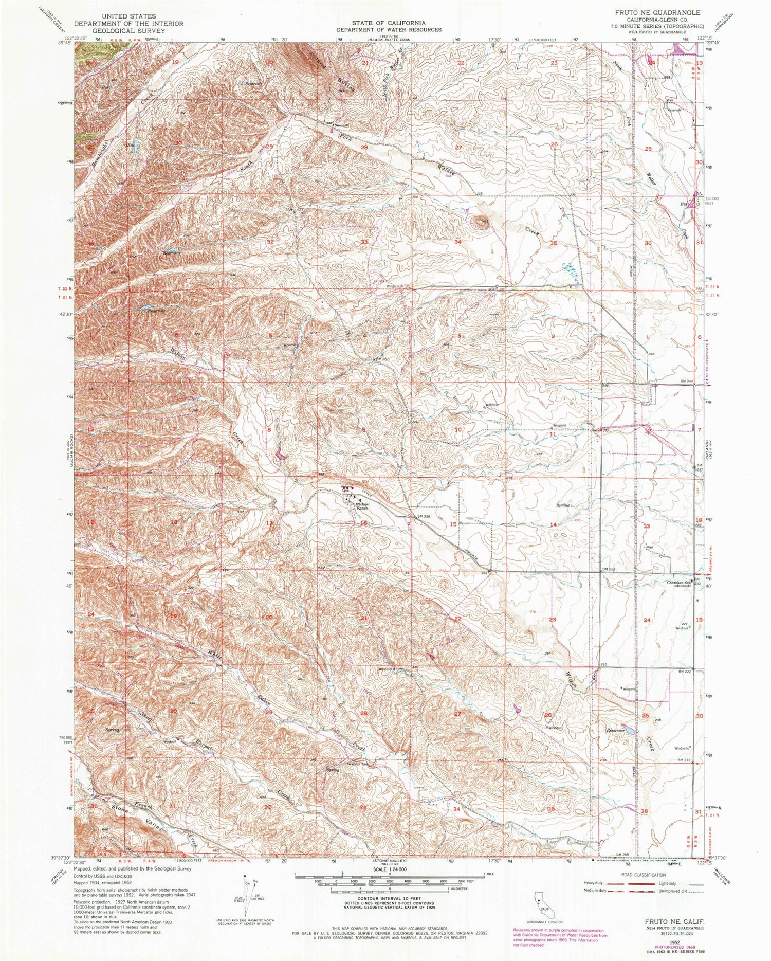 Classic USGS Fruto NE California 7.5'x7.5' Topo Map Image