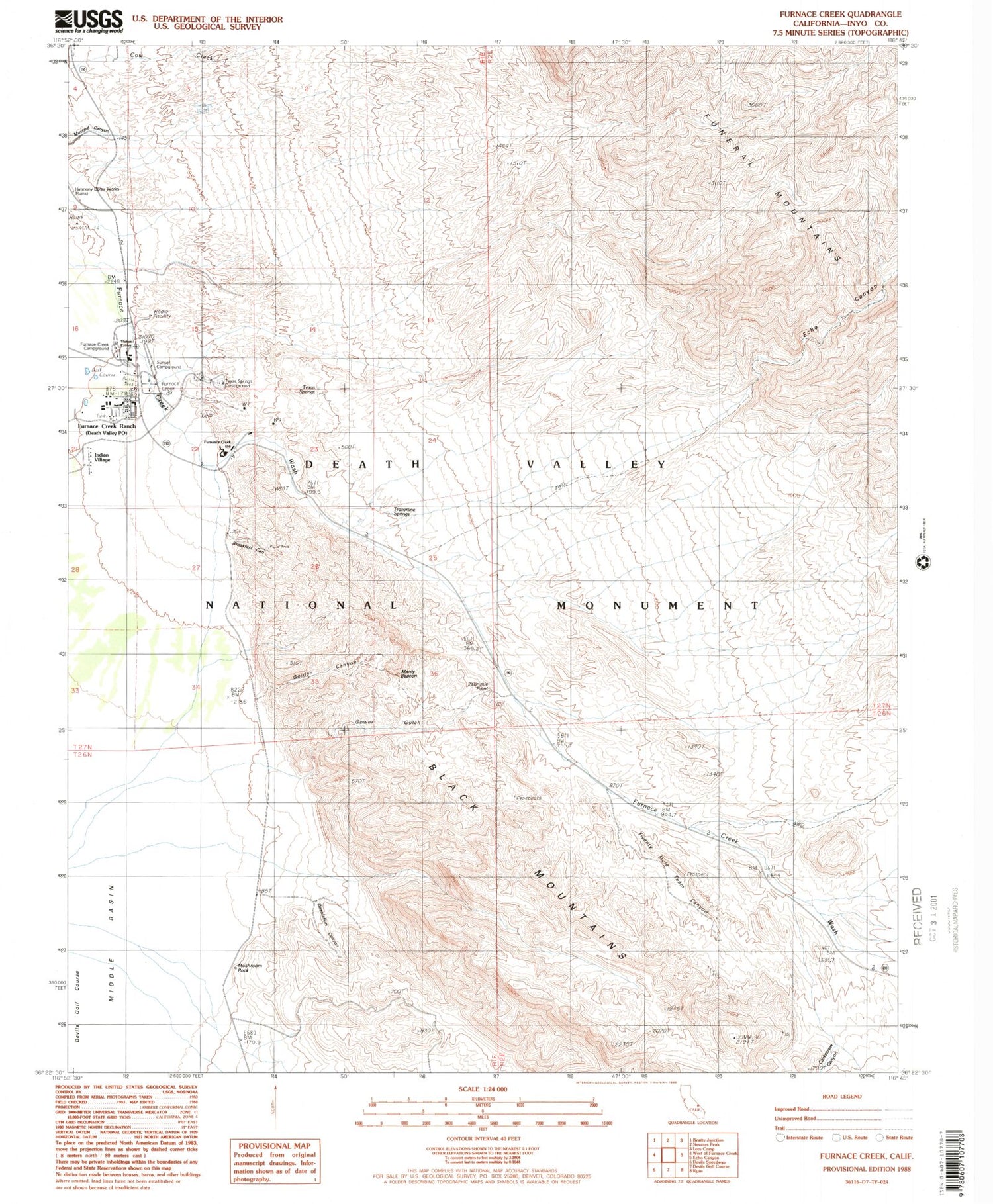 Classic USGS Furnace Creek California 7.5'x7.5' Topo Map Image