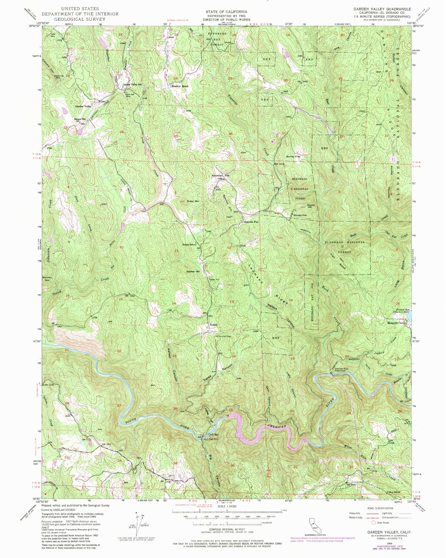Classic USGS Garden Valley California 7.5'x7.5' Topo Map Image