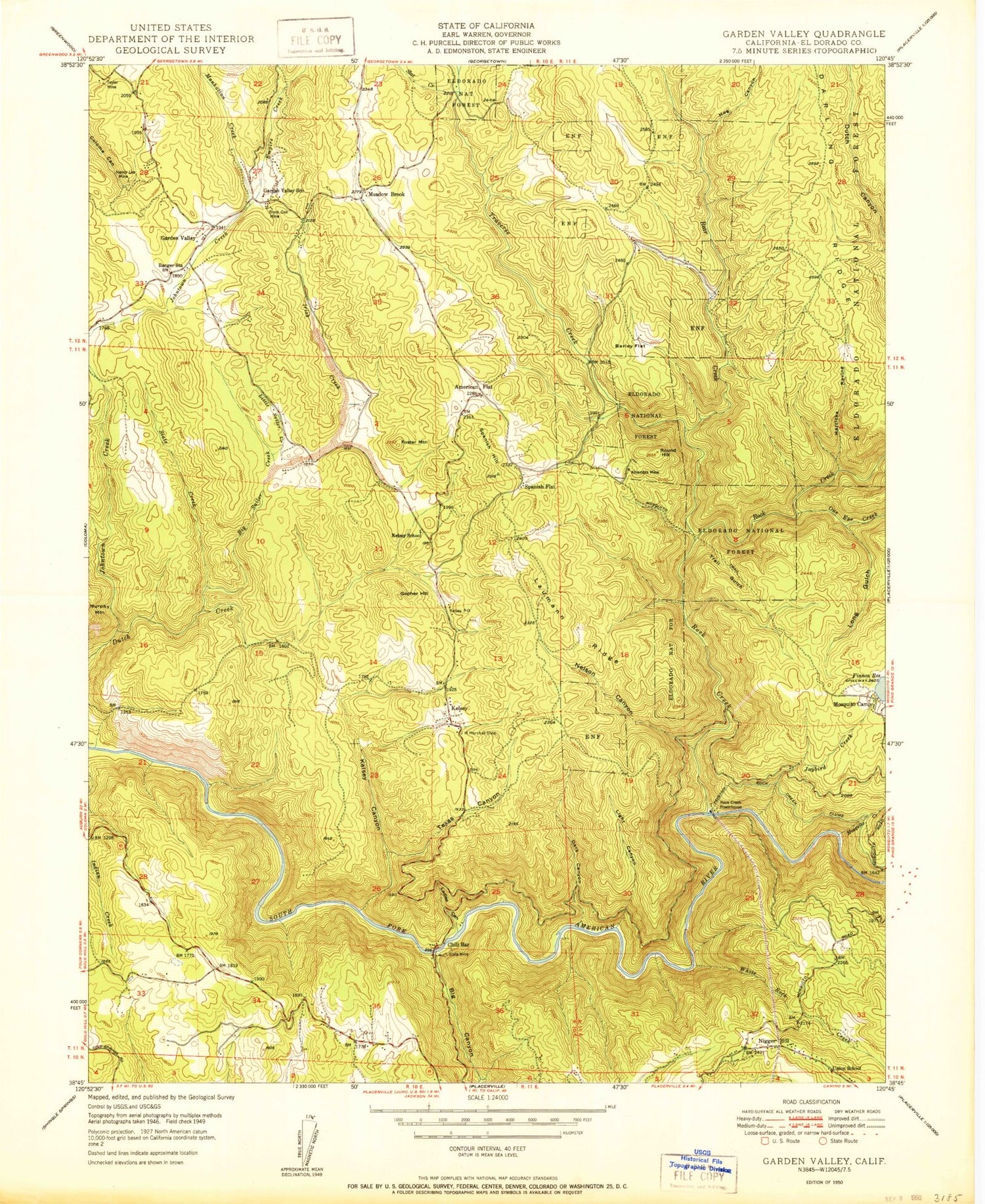 Classic USGS Garden Valley California 7.5'x7.5' Topo Map Image