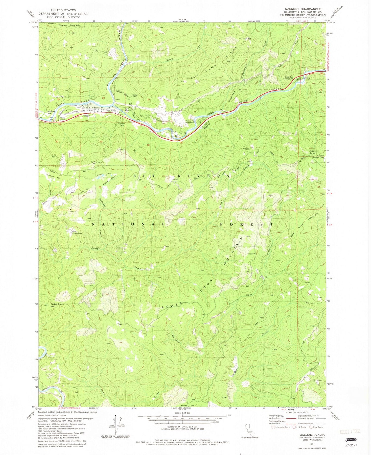 Classic USGS Gasquet California 7.5'x7.5' Topo Map Image