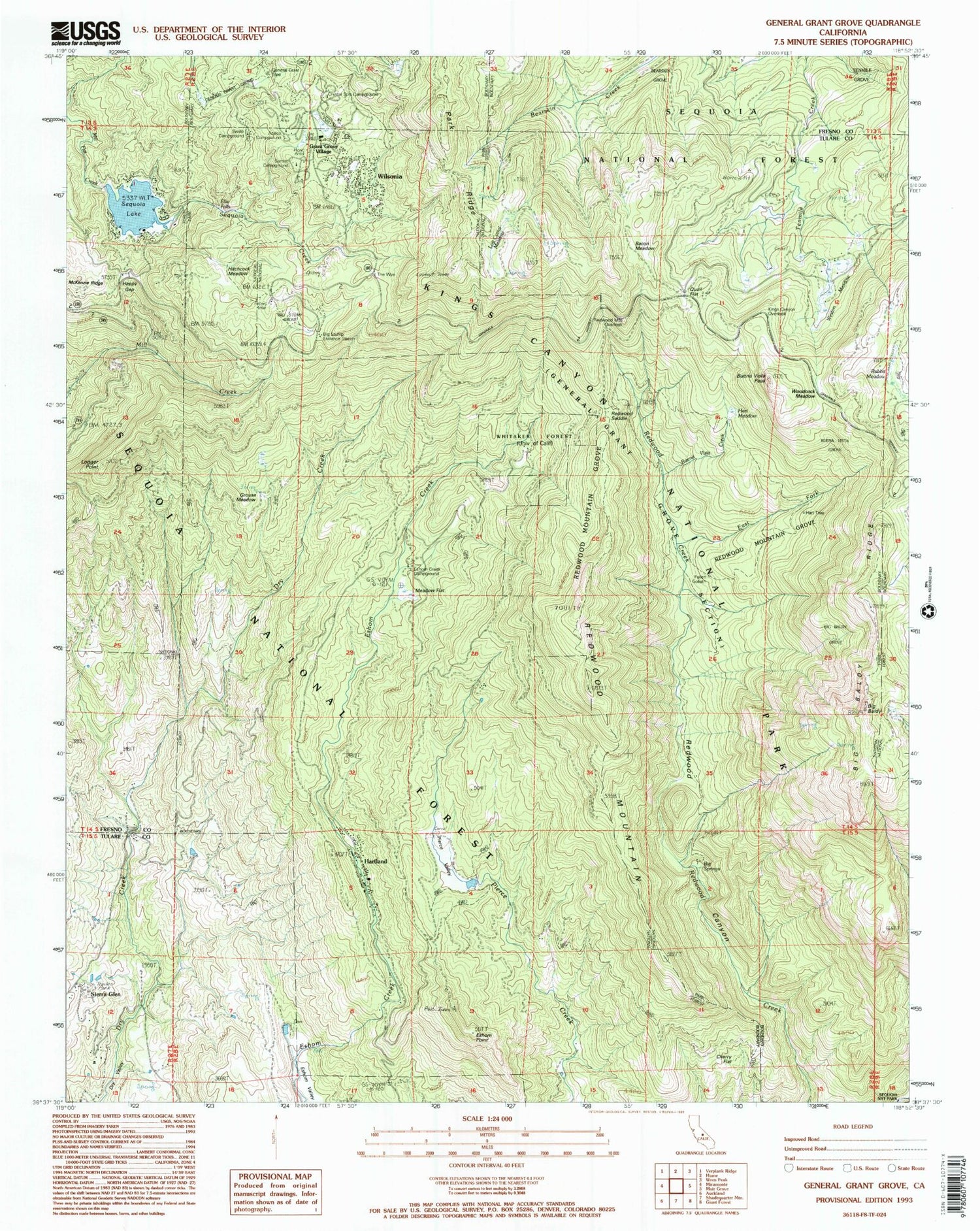 Classic USGS General Grant Grove California 7.5'x7.5' Topo Map Image