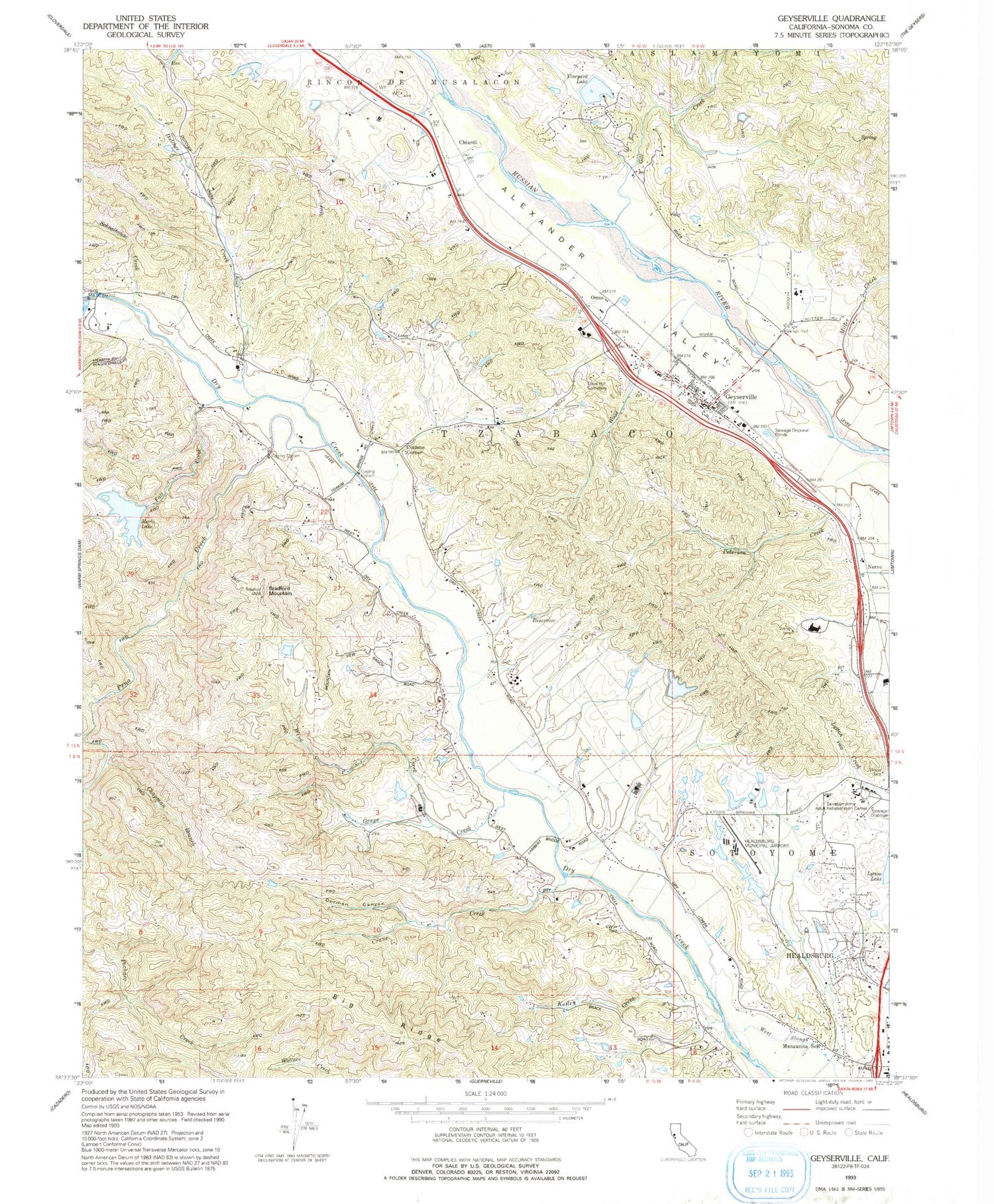 Classic USGS Geyserville California 7.5'x7.5' Topo Map Image