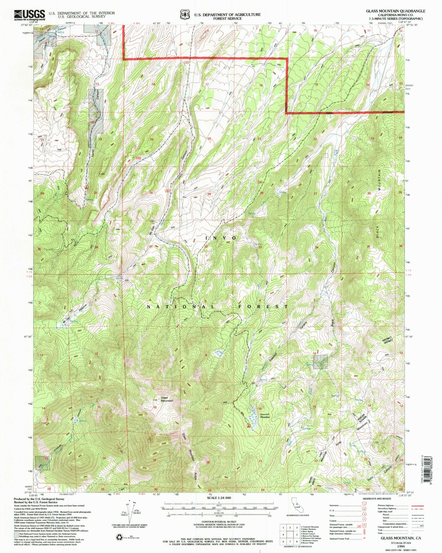 Classic USGS Glass Mountain California 7.5'x7.5' Topo Map Image