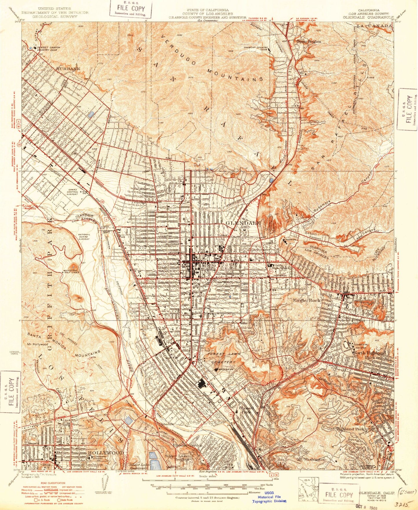 Classic USGS Glendale California 7.5'x7.5' Topo Map Image