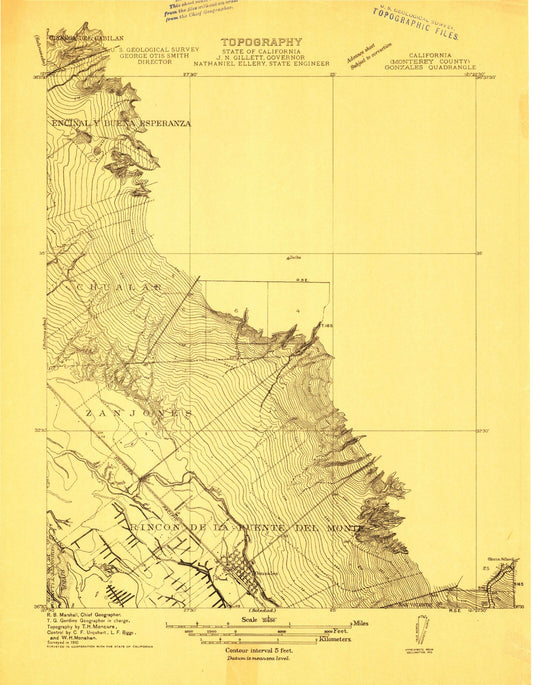 Classic USGS Gonzales California 7.5'x7.5' Topo Map Image