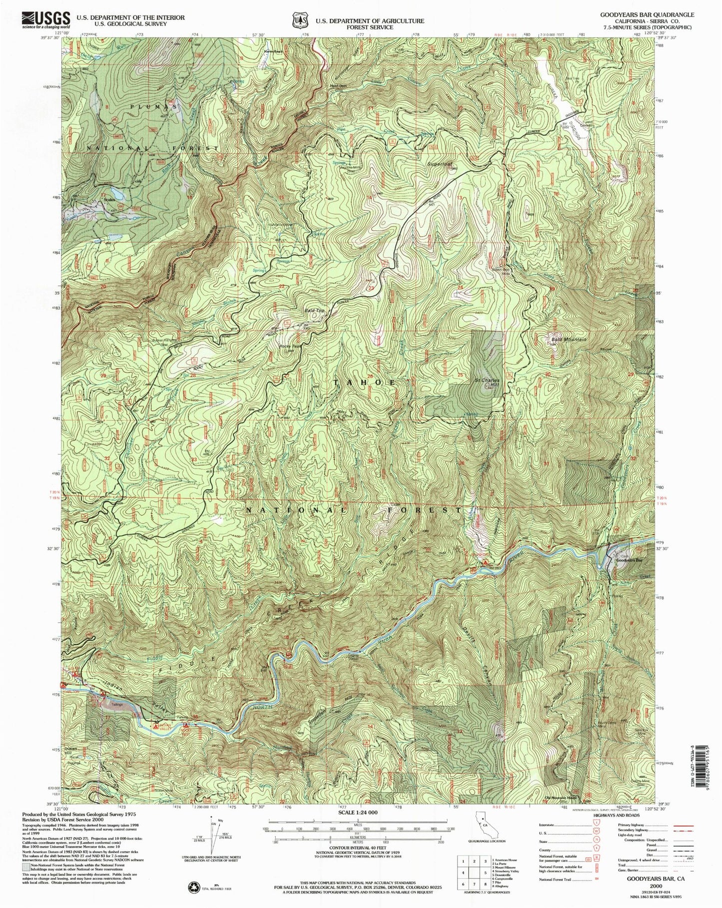 Classic USGS Goodyears Bar California 7.5'x7.5' Topo Map Image