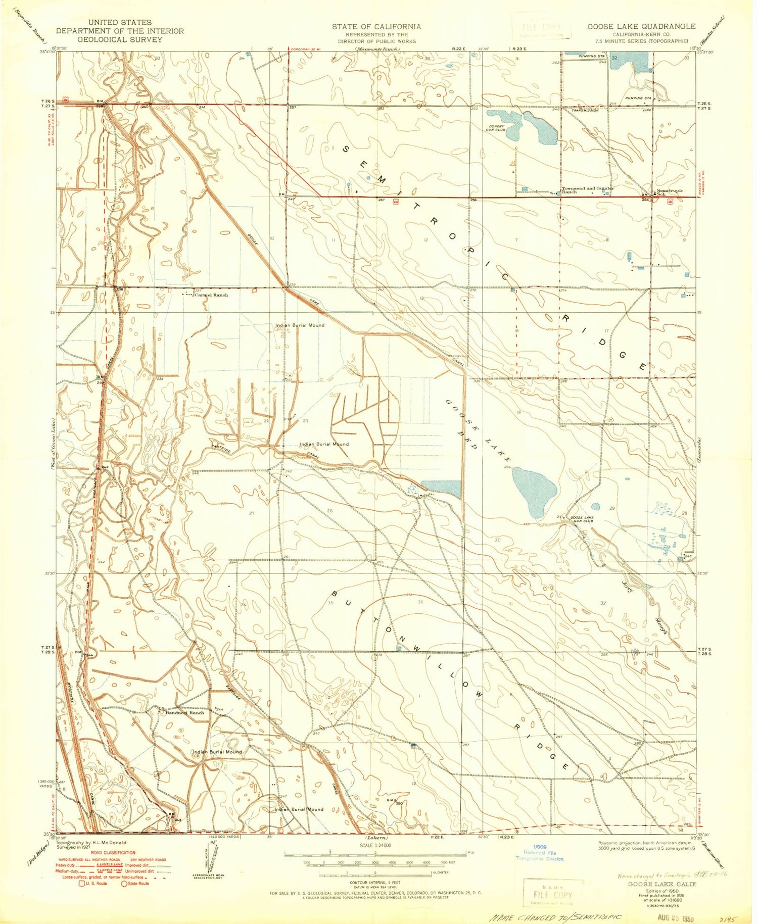 Classic USGS Semitropic California 7.5'x7.5' Topo Map Image