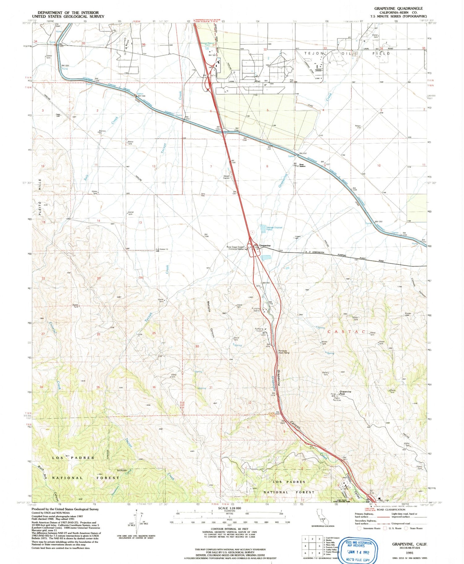 Classic USGS Grapevine California 7.5'x7.5' Topo Map Image