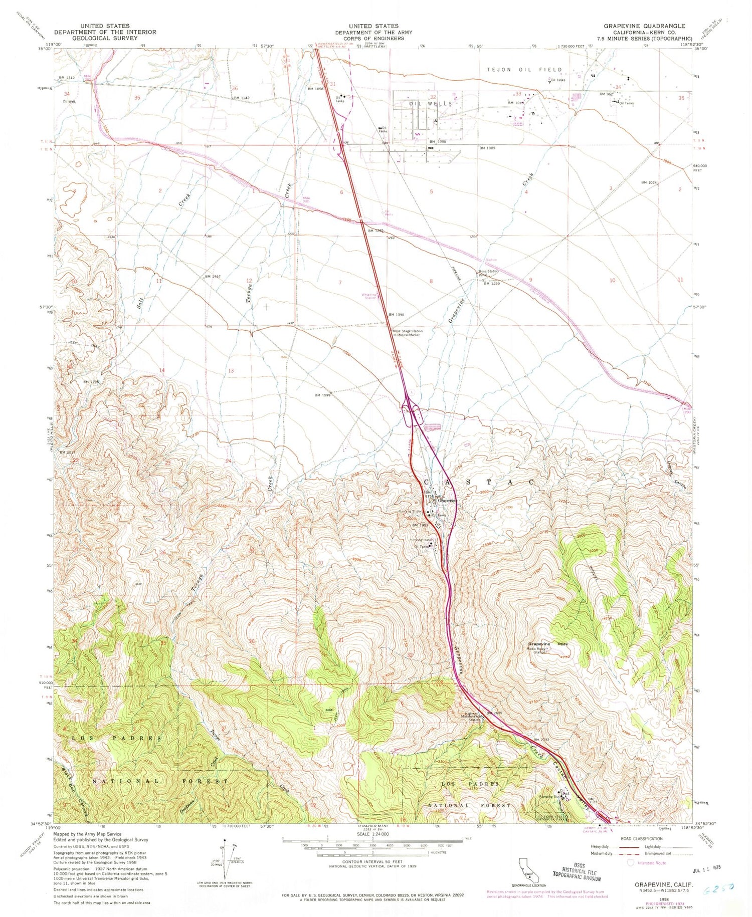 Classic USGS Grapevine California 7.5'x7.5' Topo Map Image