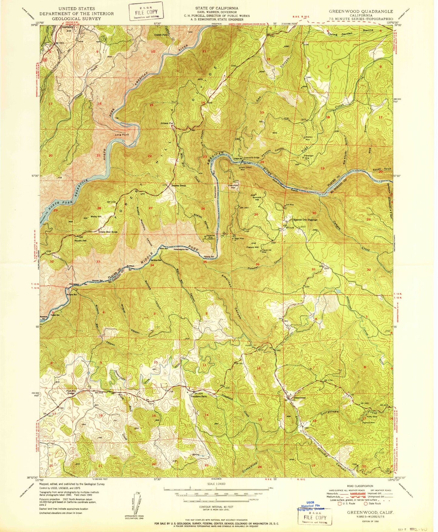 Classic USGS Greenwood California 7.5'x7.5' Topo Map Image