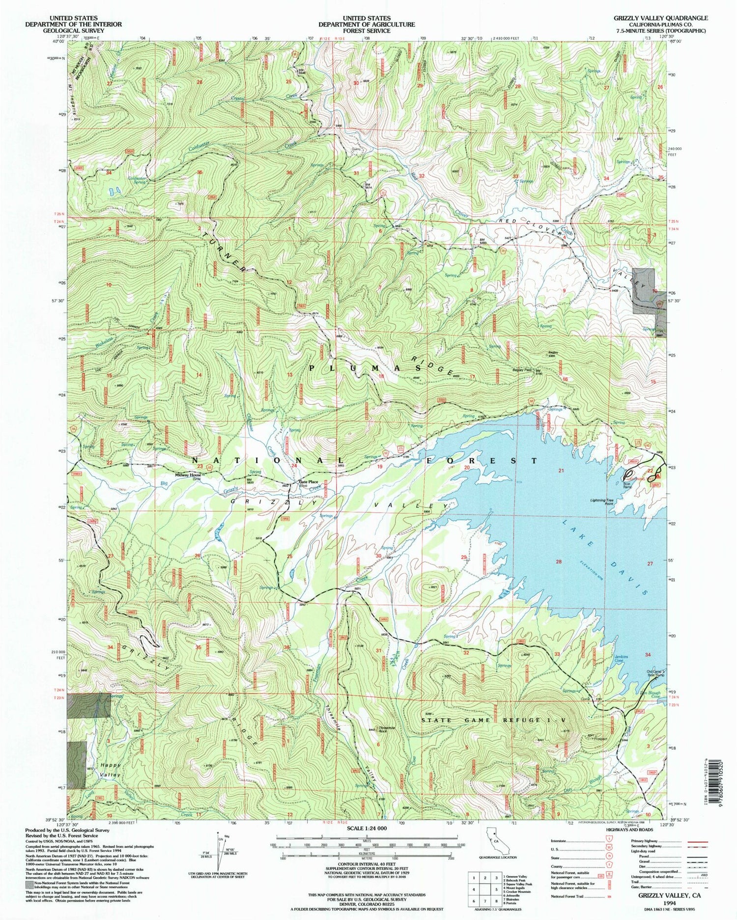 Classic USGS Grizzly Valley California 7.5'x7.5' Topo Map Image