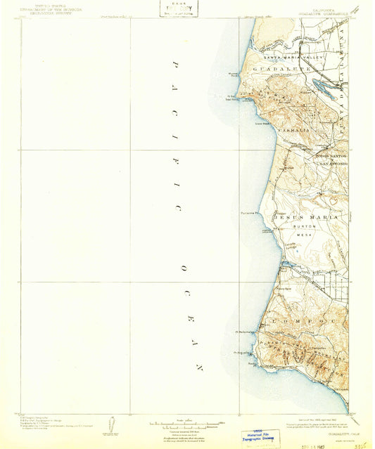 Historic 1905 Guadalupe California 30'x30' Topo Map Image