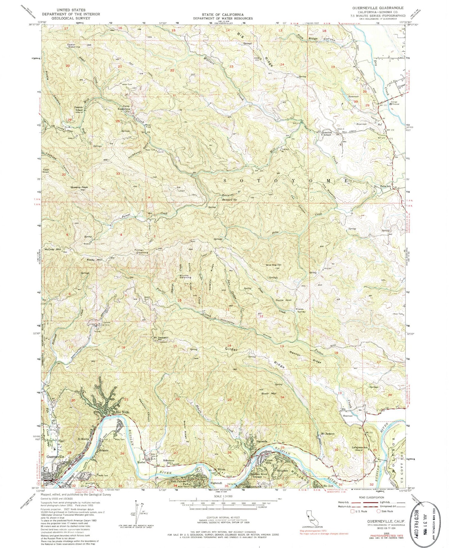 Classic USGS Guerneville California 7.5'x7.5' Topo Map Image