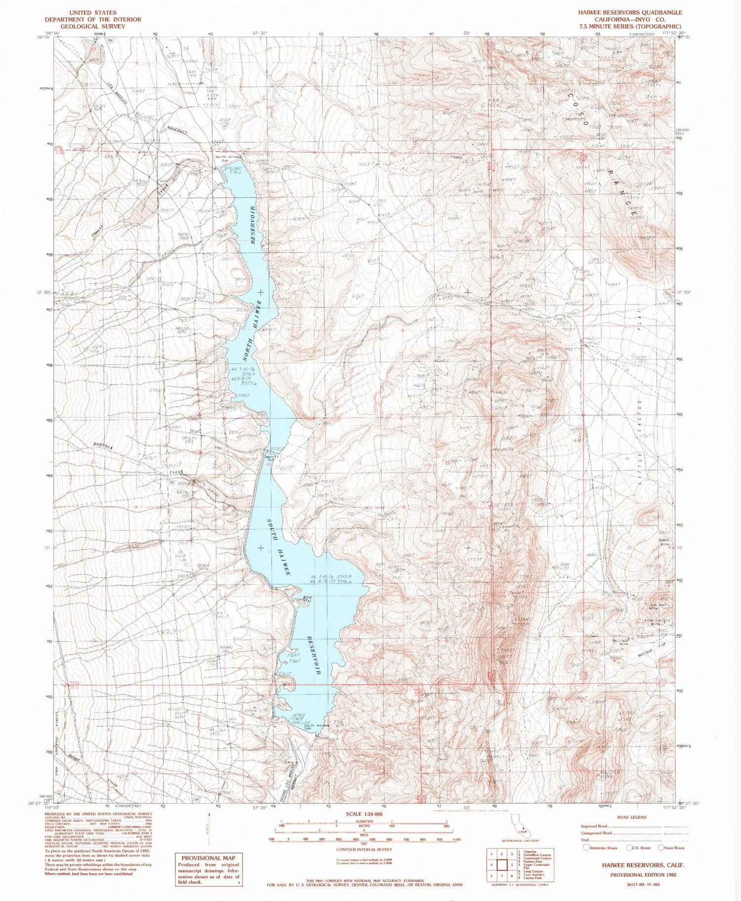 Classic USGS Haiwee Reservoirs California 7.5'x7.5' Topo Map Image