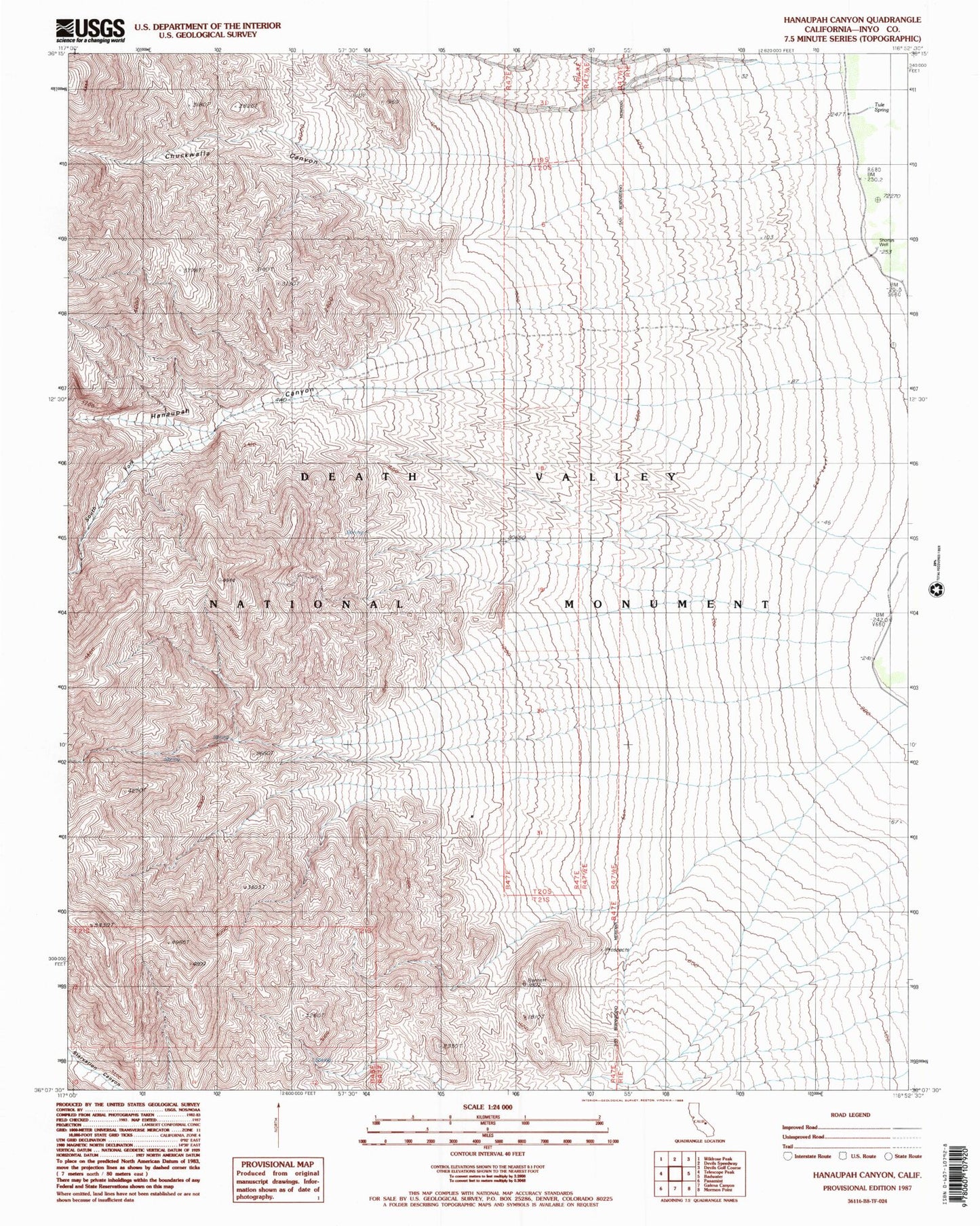 Classic USGS Hanaupah Canyon California 7.5'x7.5' Topo Map Image